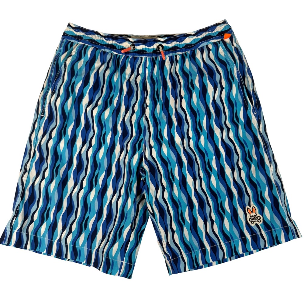 Psycho Bunny Swim Trunks Boys 10/12 Blue White Wavy Pattern Coastal Beach Shorts